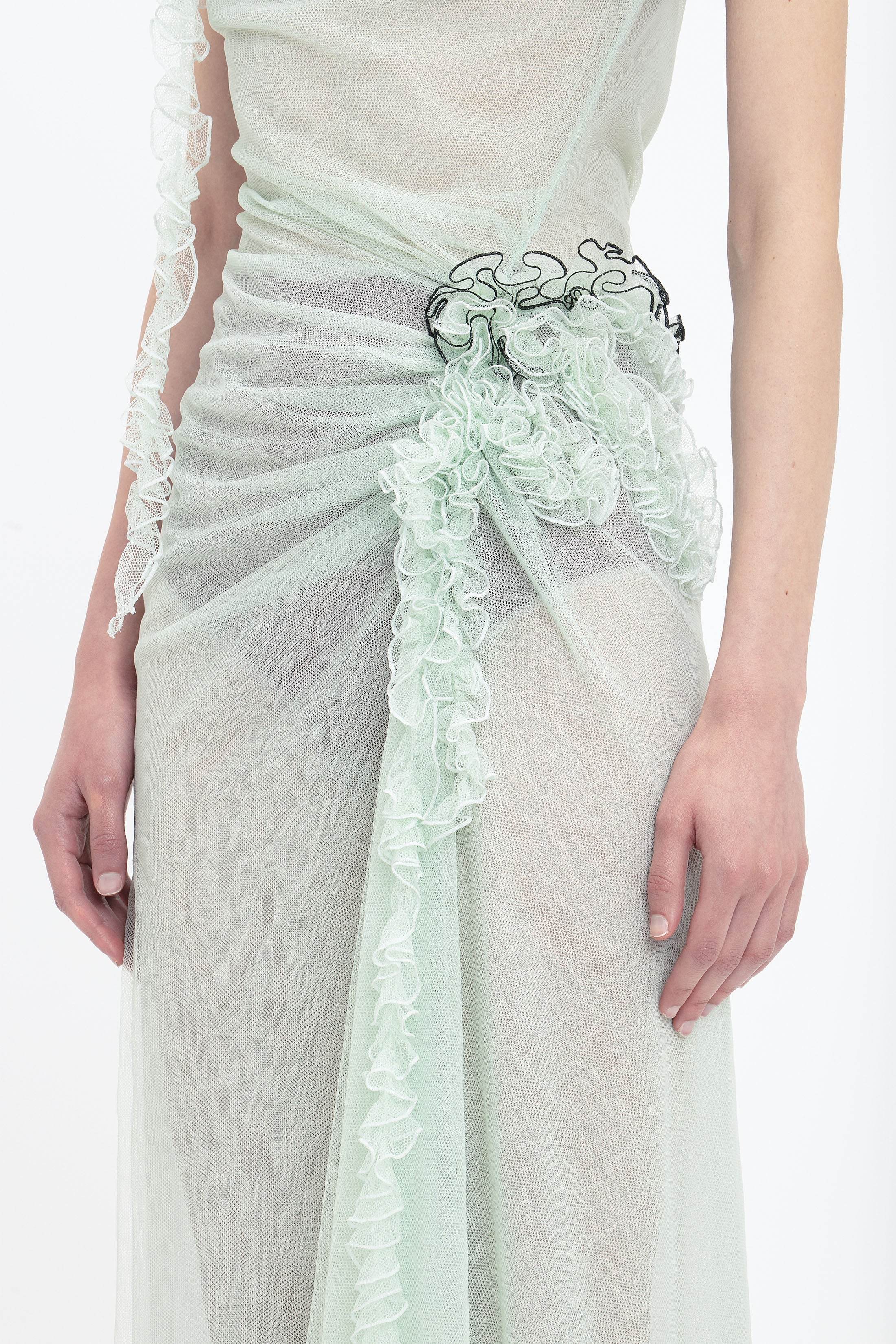 Gathered Tulle Detail Floor-Length Dress In Jade