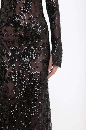 Long Sleeve Backless Sequin Gown In Black