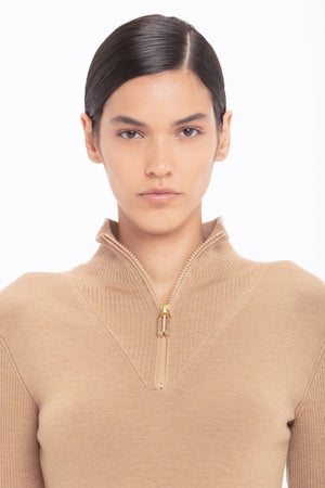 Half Zip Short Sleeve Knitted Top In Sandstorm