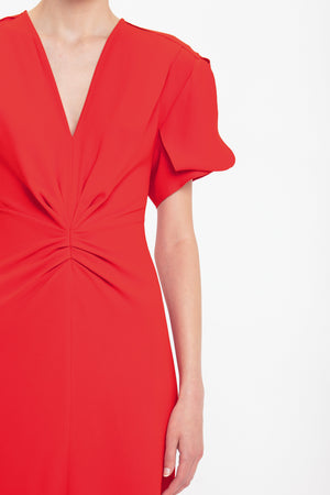 Gathered V-Neck Midi Dress In Tomato