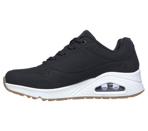 Women's Wide Fit Skechers 73690 Uno - Stand On Air Walking Street Wear Trainers - Black/White