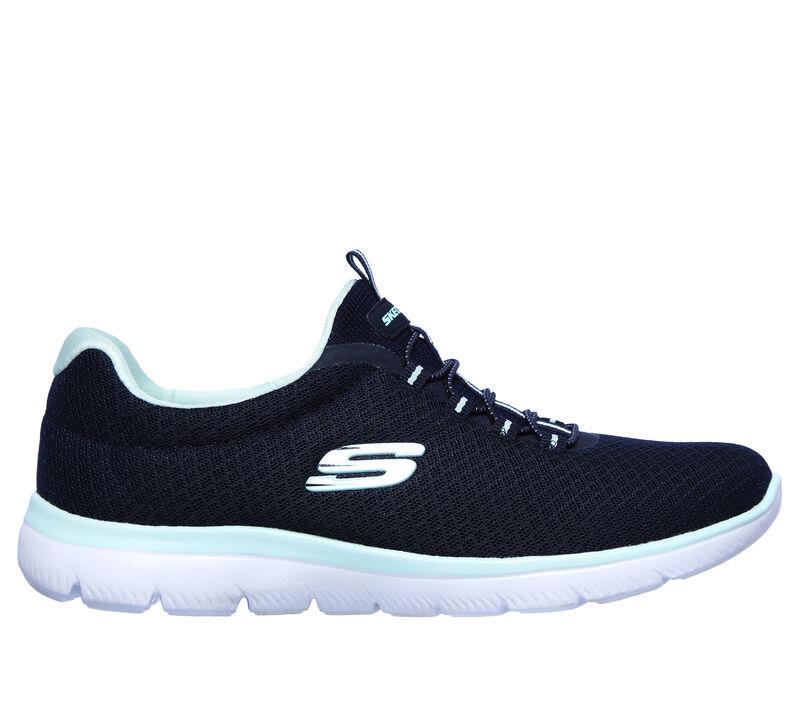 Women's Wide Fit Skechers 12980 Summits Slip On Sports Trainers - Navy/Aqua