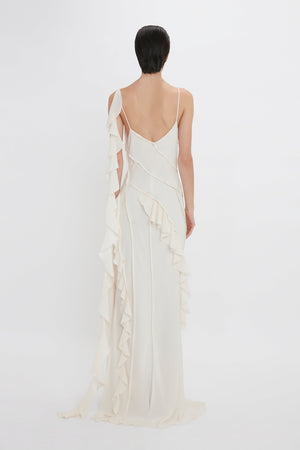 Exclusive Asymmetric Bias Frill Dress In Ivory