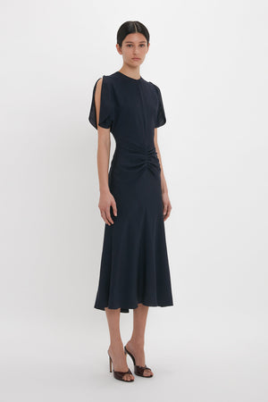 Gathered Waist Midi Dress In Midnight