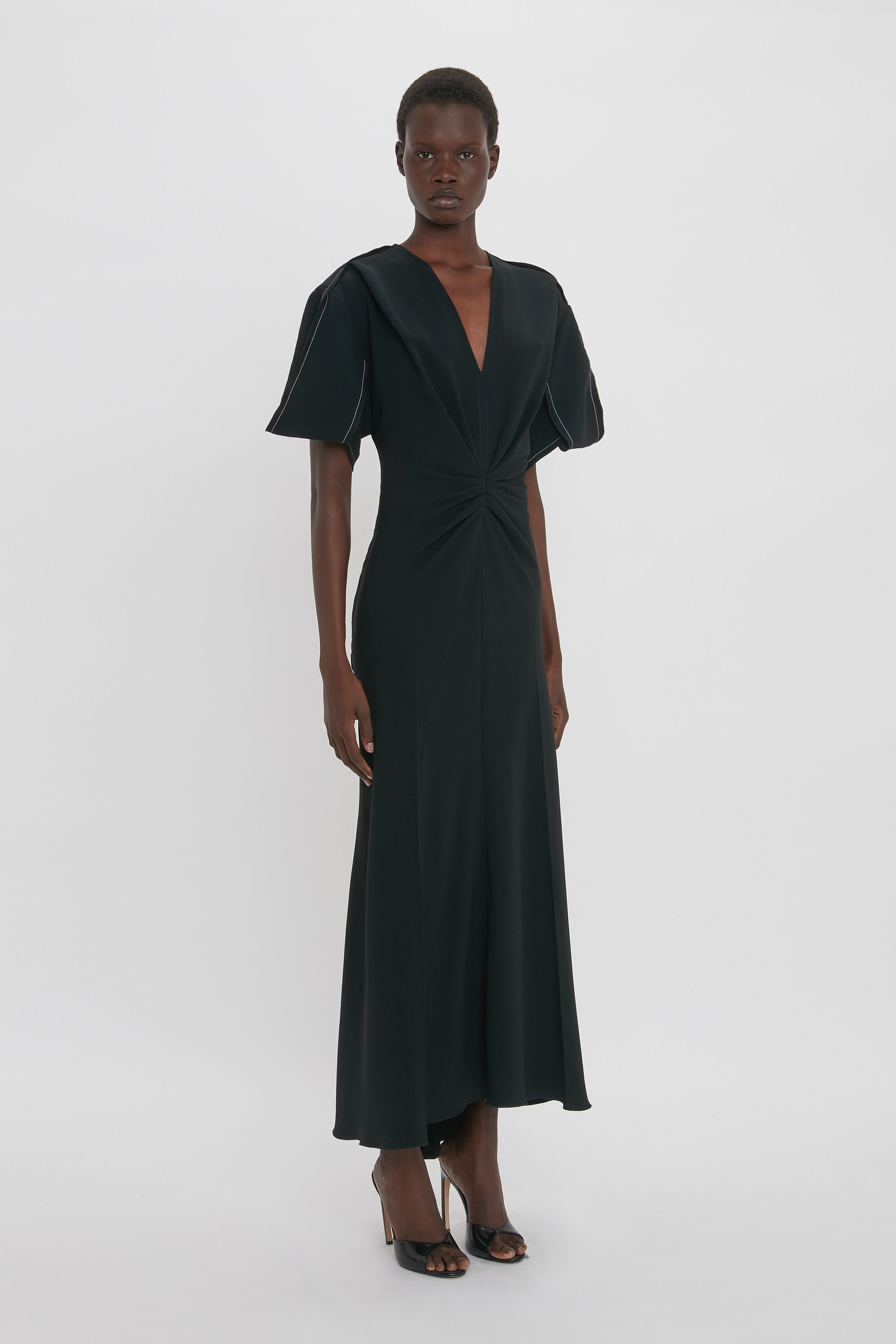 Gathered V-Neck Midi Dress In Black