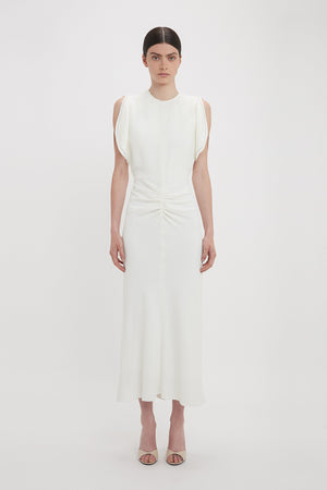 Exclusive Gathered Waist Midi Dress In Ivory