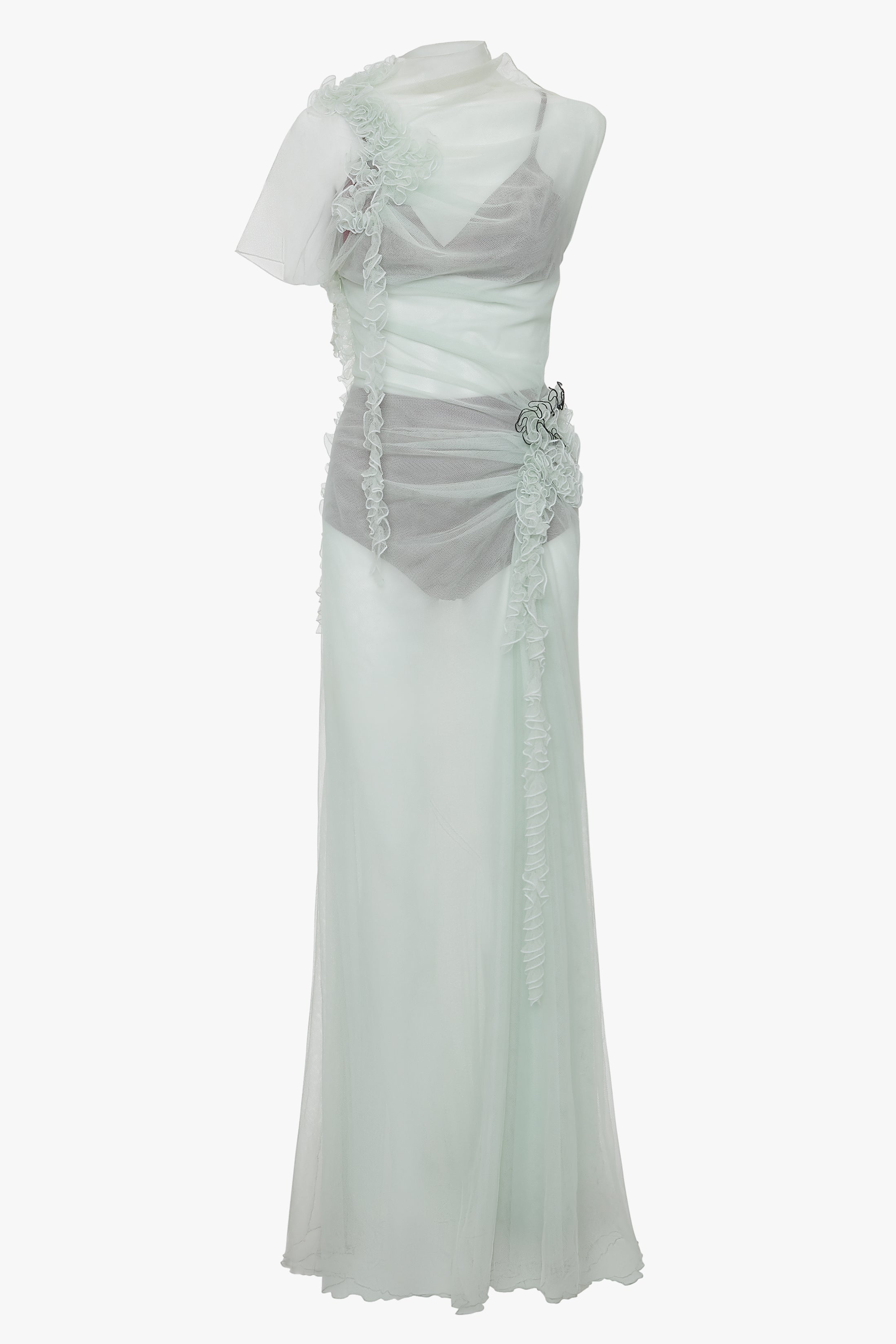 Gathered Tulle Detail Floor-Length Dress In Jade