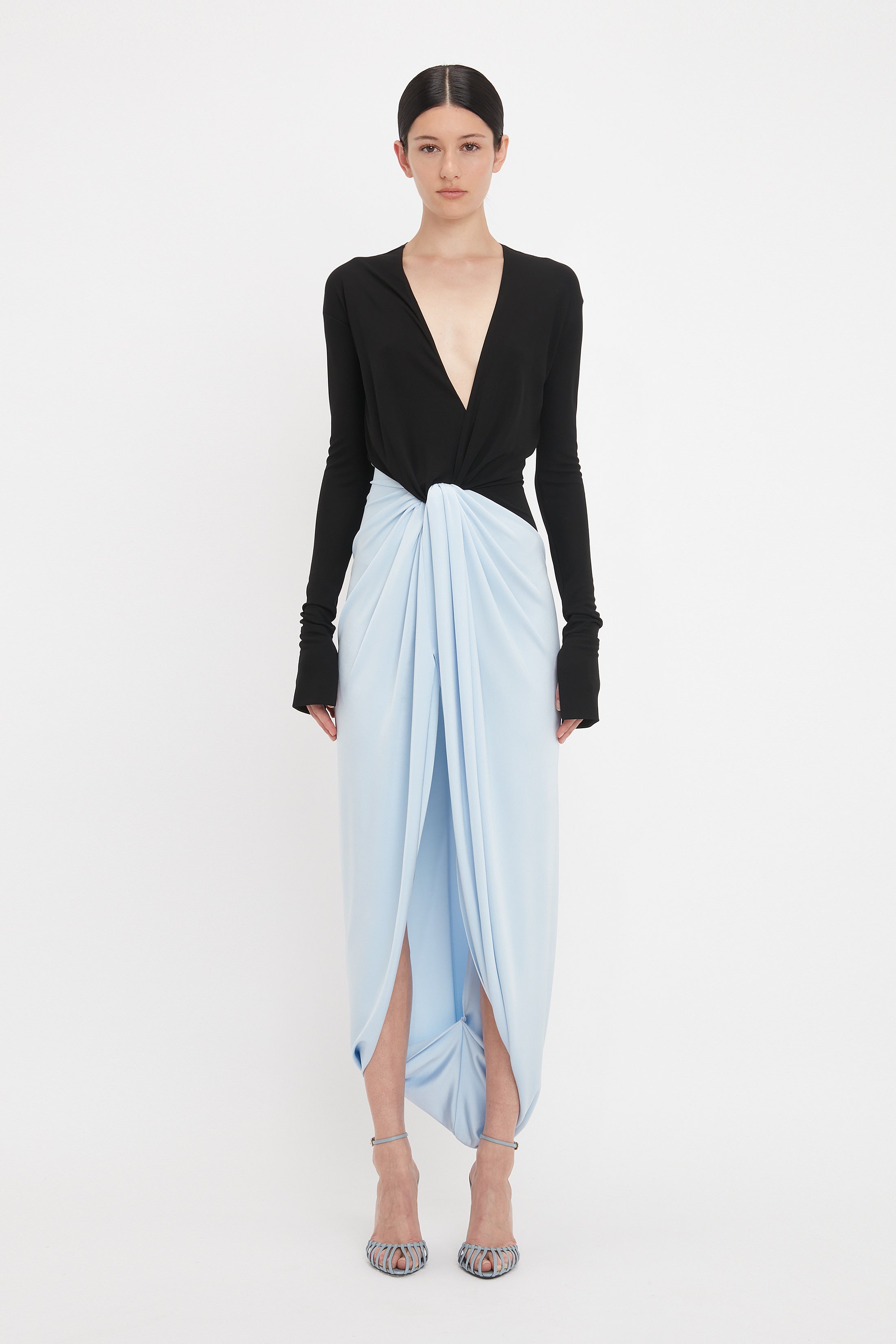 Long Sleeve Knot Detail Jersey Gown In Black-Iceberg