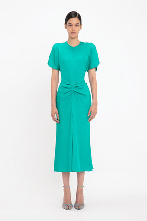 Gathered Waist Midi Dress In Peacock