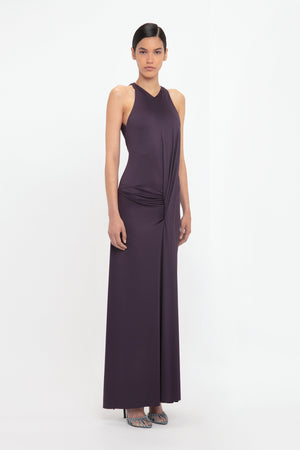 Sleeveless Drape Front Gown In Fig