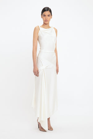 Asymmetric Draped Midi Dress In Ivory