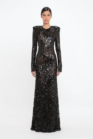 Long Sleeve Backless Sequin Gown In Black