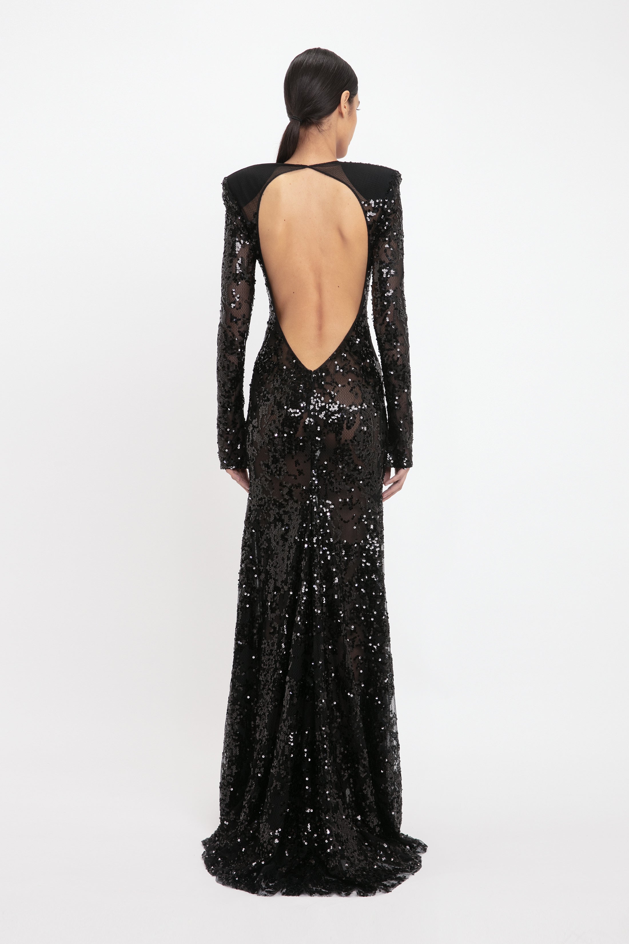 Long Sleeve Backless Sequin Gown In Black