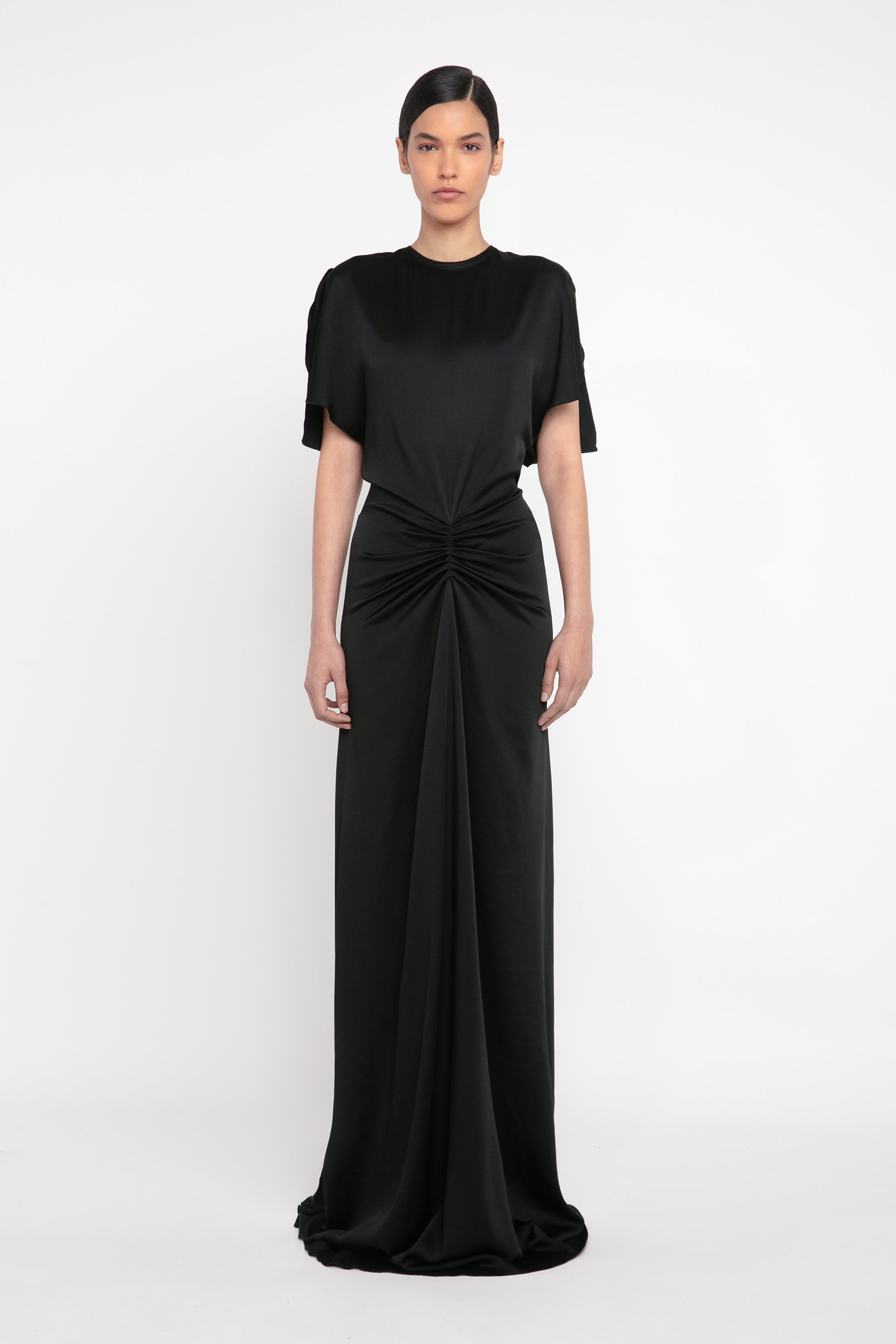 Gathered Waist Floor-Length Dress In Black