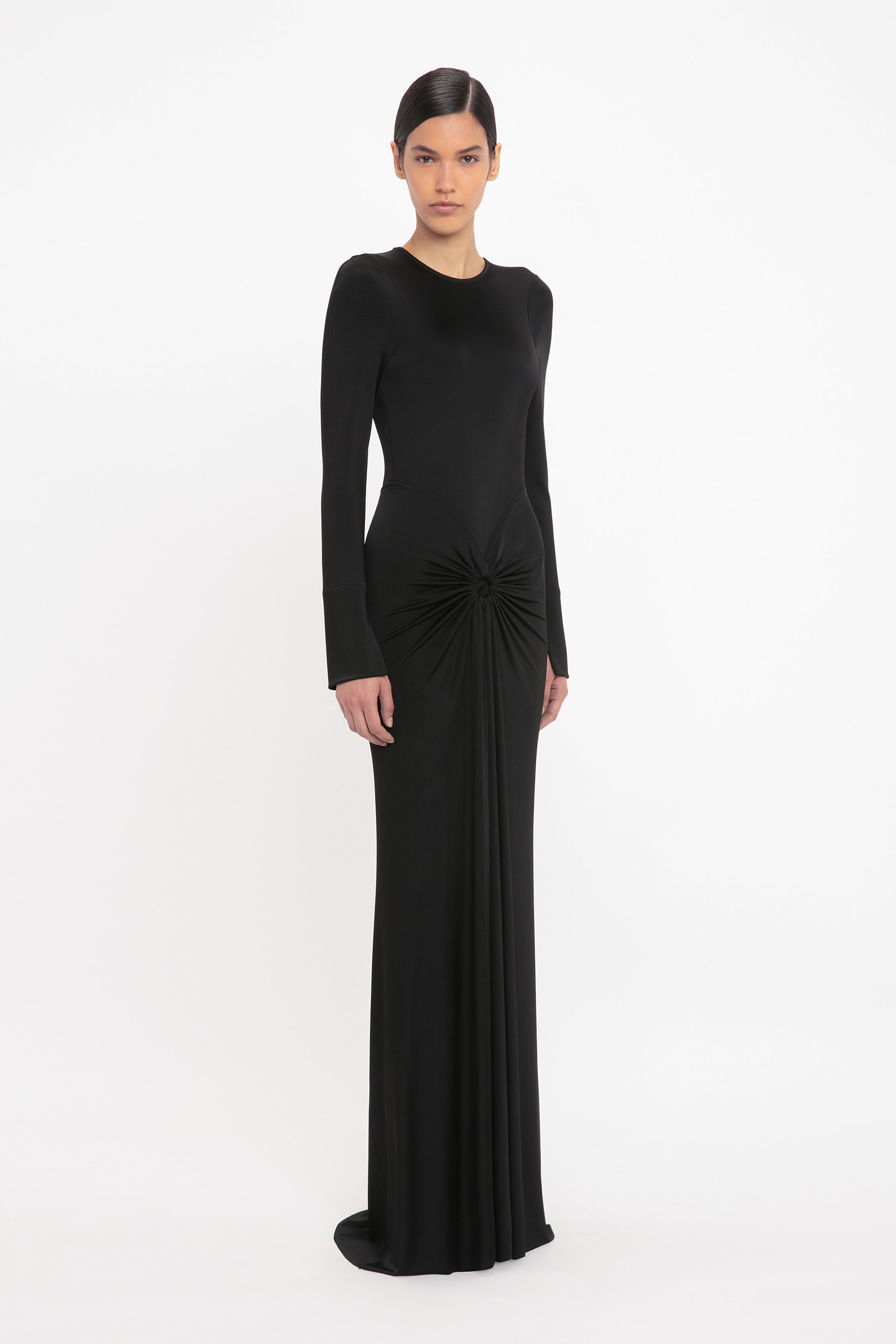 Long Sleeve Gathered Midi Dress In Black