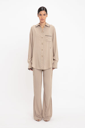 Piping Detail Pyjama Shirt In Tobacco-Midnight