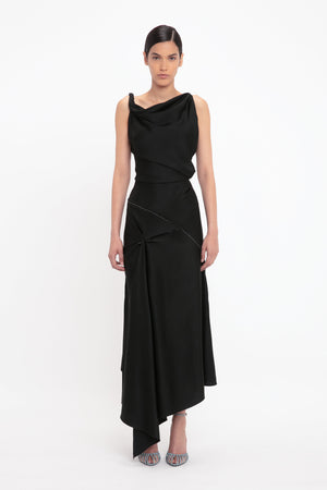 Asymmetric Draped Midi Dress In Black