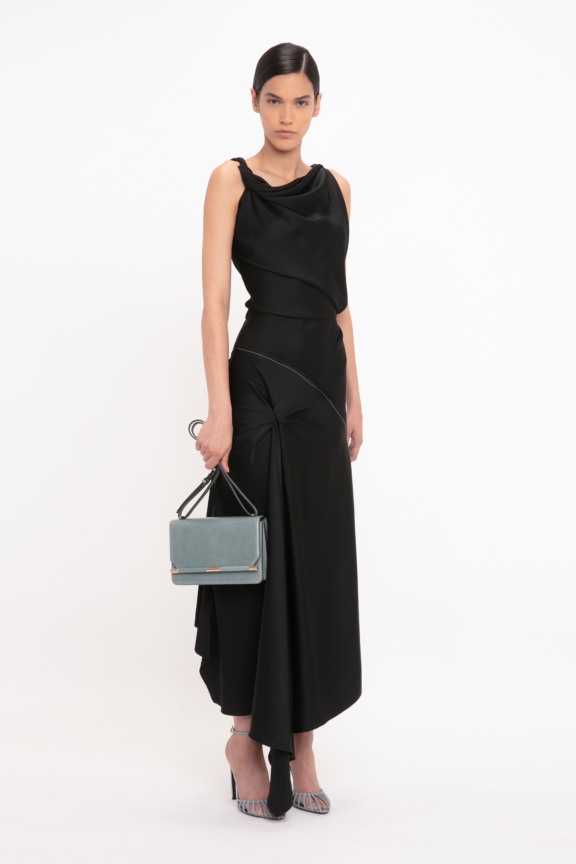 Asymmetric Draped Midi Dress In Black