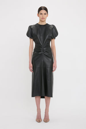 Gathered Waist Midi Dress In Soft Black Leather