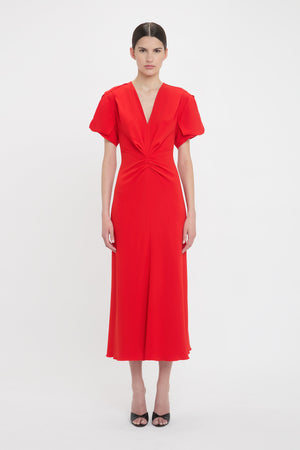 Gathered V-Neck Midi Dress In Tomato