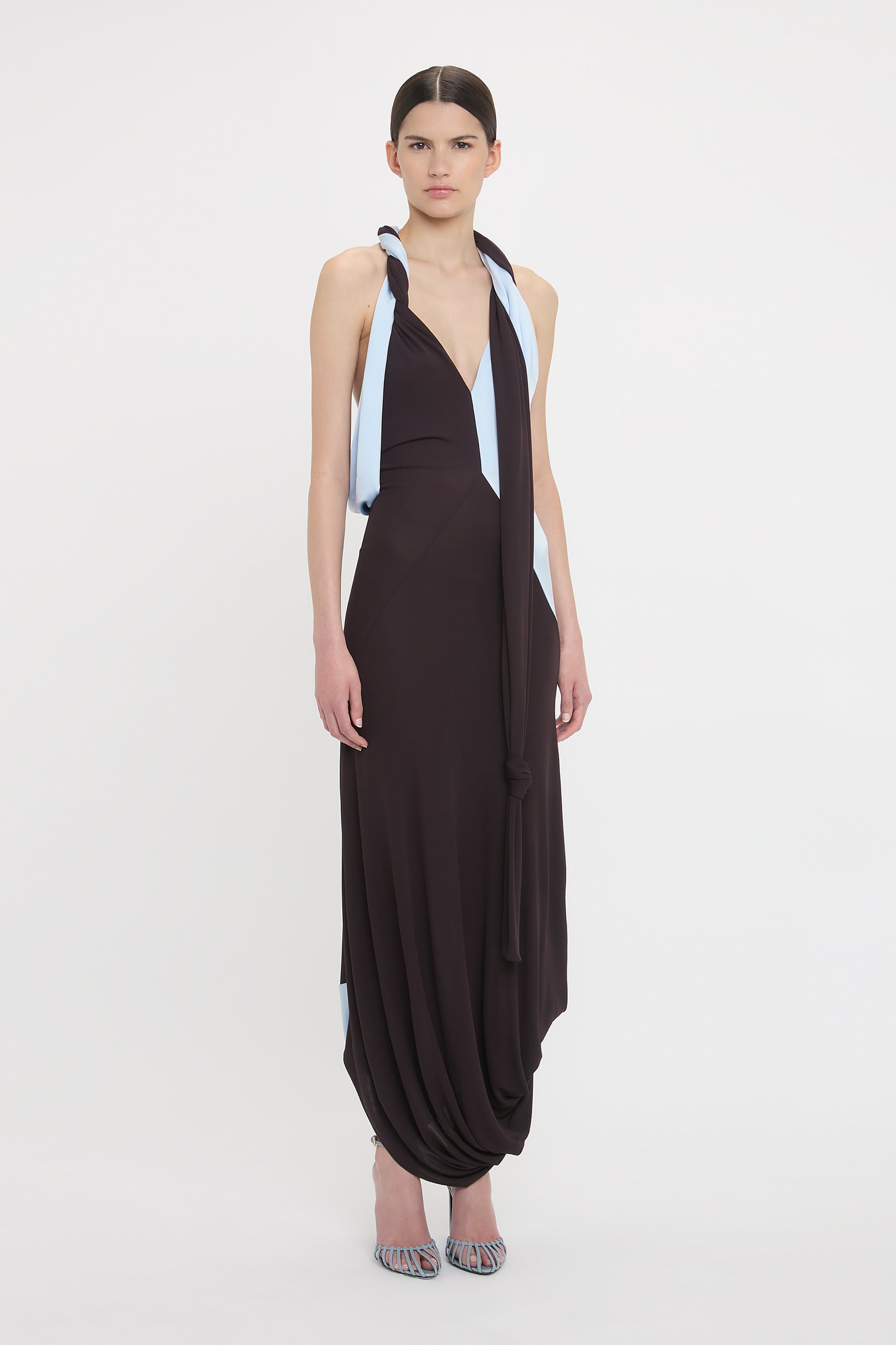 Twisted Halter Strap Jersey Dress In Ebony-Iceberg