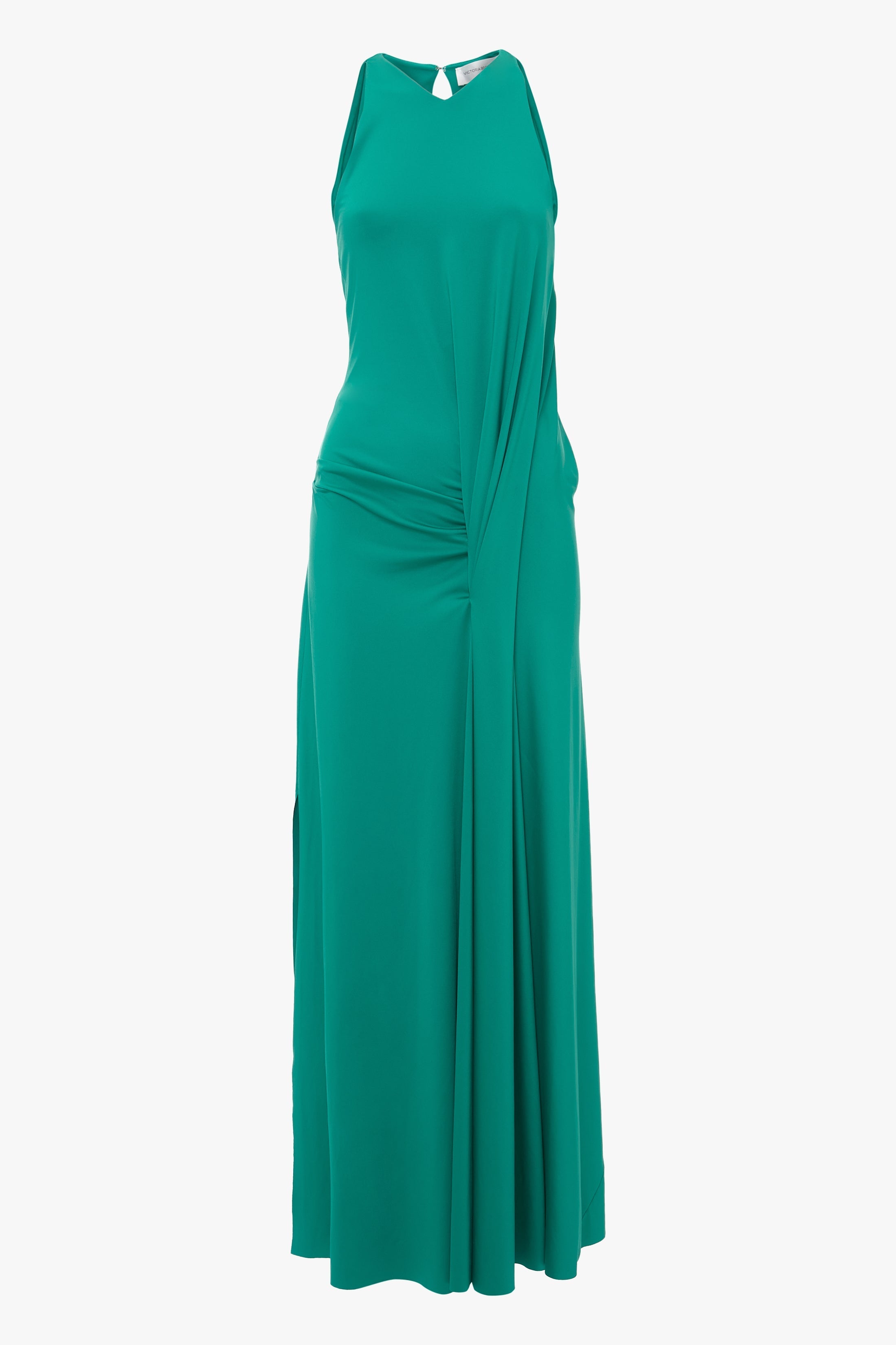 Sleeveless Drape Front Gown In Peacock