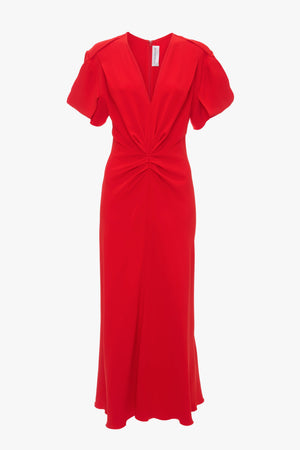 Gathered V-Neck Midi Dress In Tomato