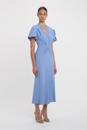 Gathered V-Neck Midi Dress In Bluebell