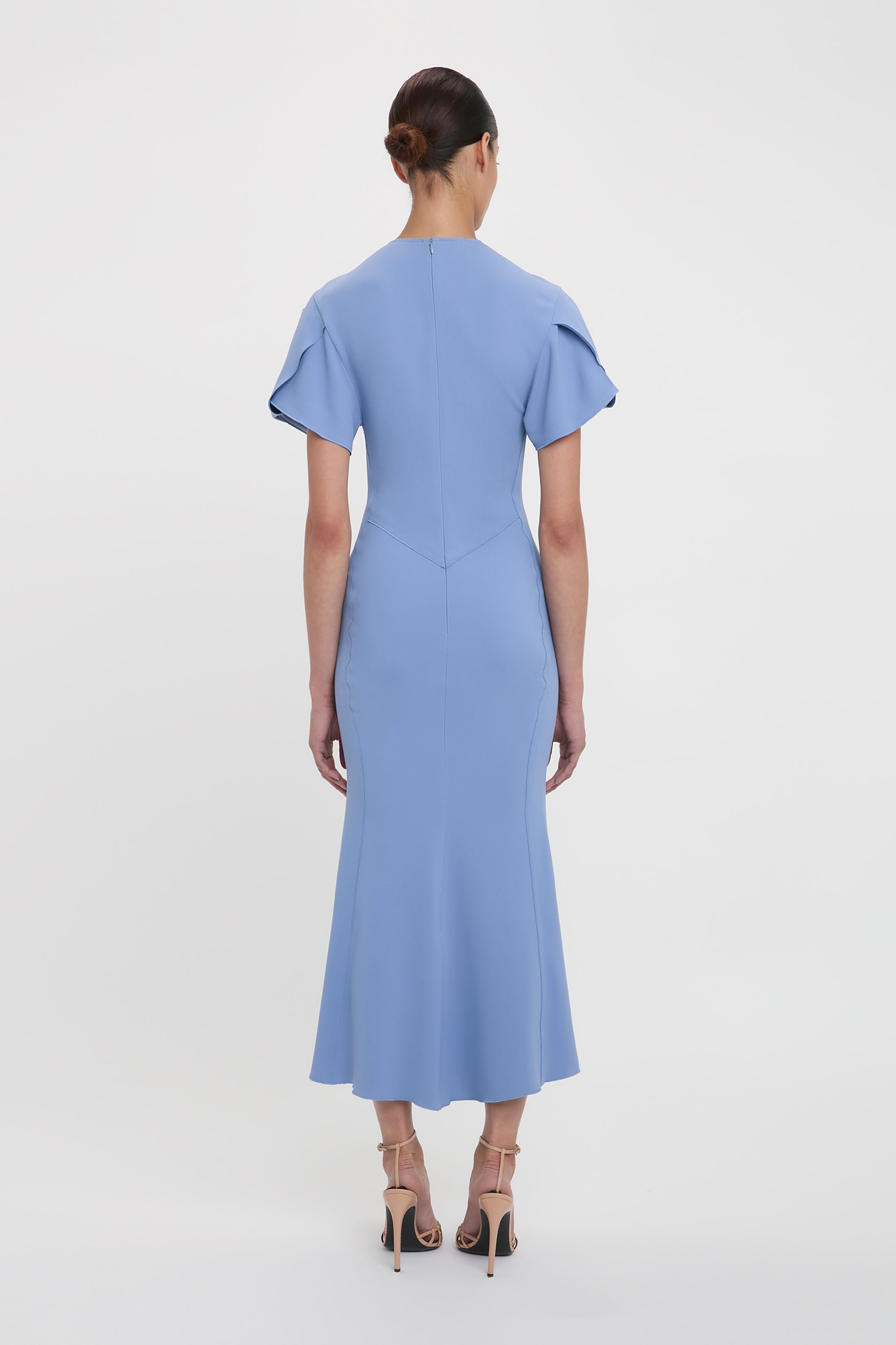 Gathered V-Neck Midi Dress In Bluebell