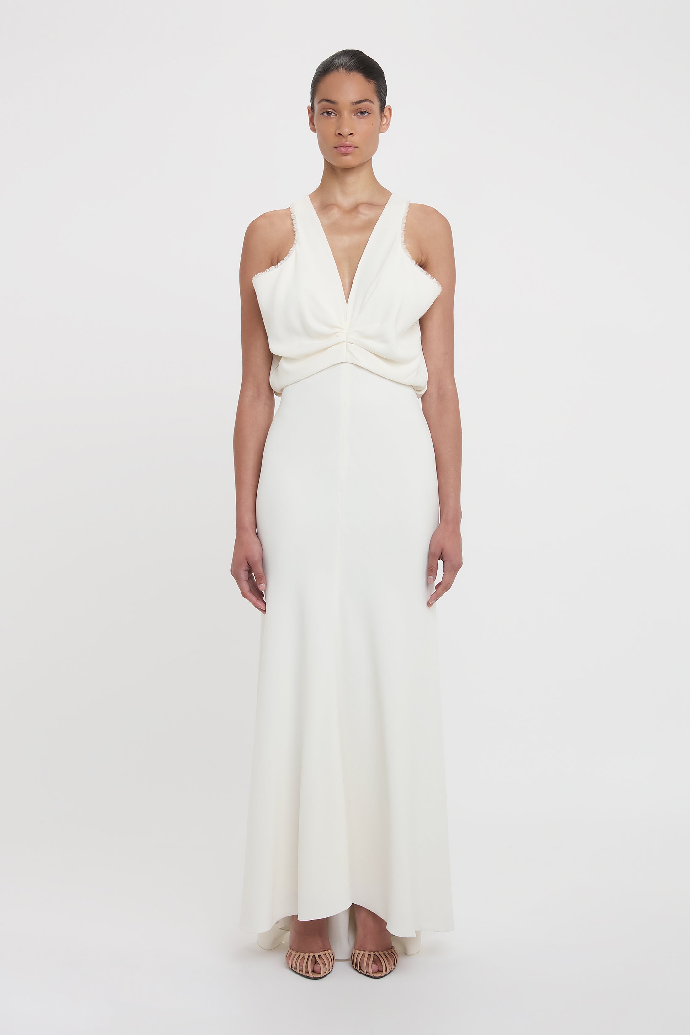 Draped Armhole Detail V-Neck Gown In Ivory