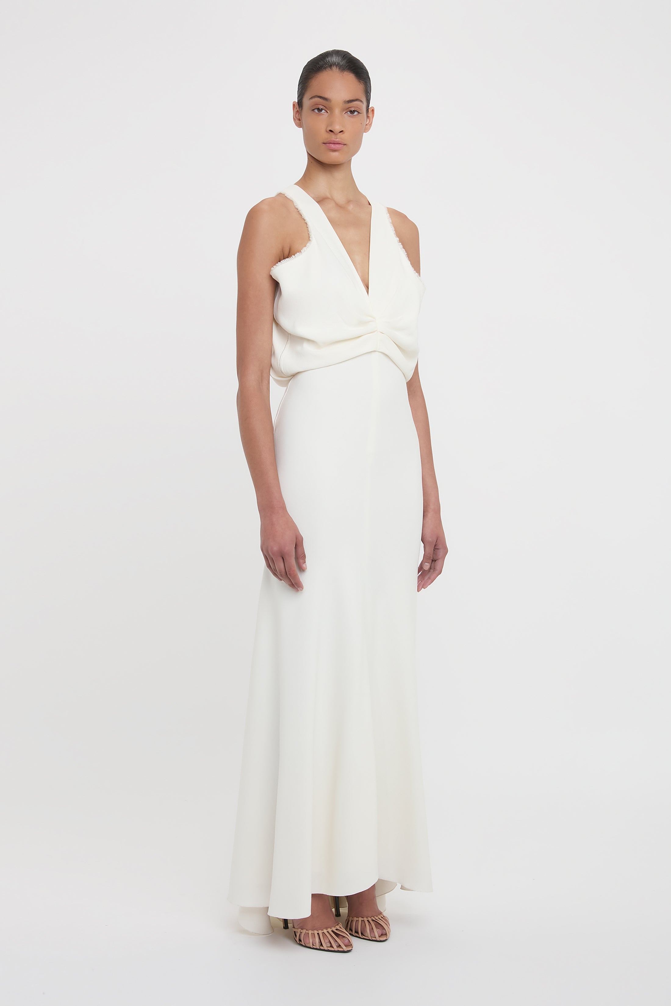 Draped Armhole Detail V-Neck Gown In Ivory