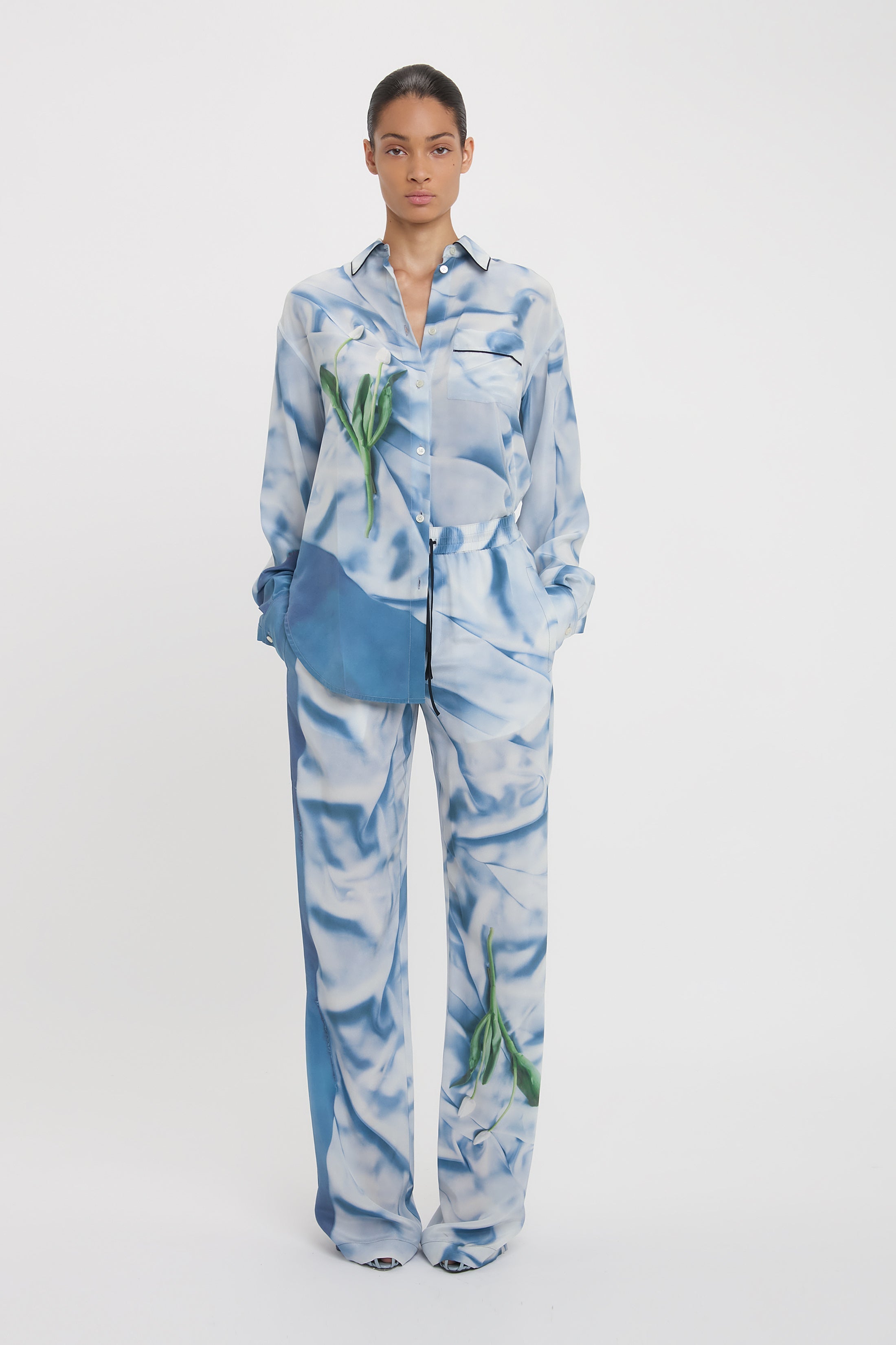 Piping Detail Pyjama Shirt In Ice Blue Satin Flowers