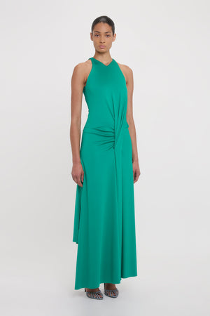 Sleeveless Drape Front Gown In Peacock