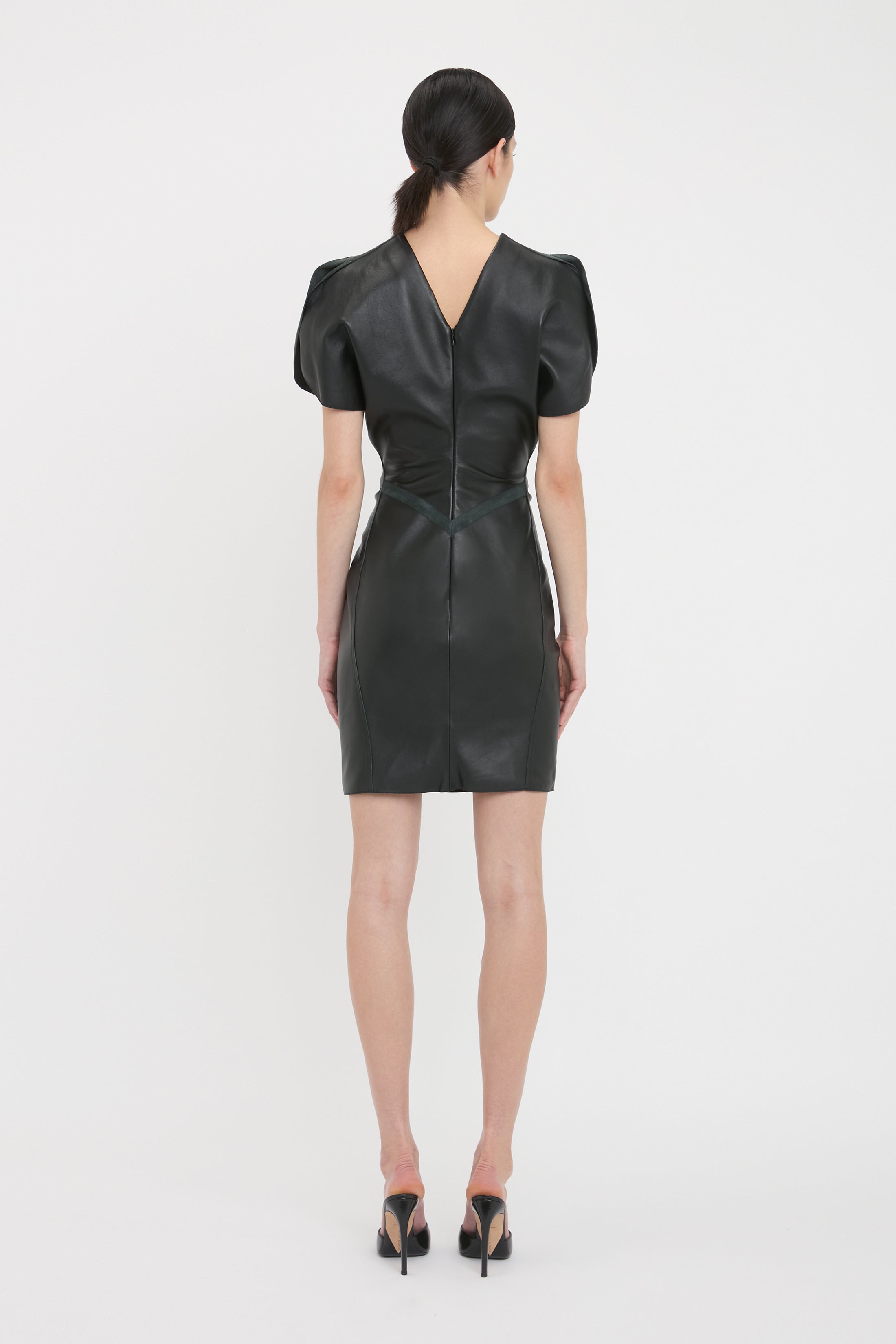 Gathered Waist Mini Dress In Soft Black Leather