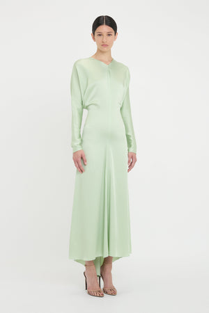 Long Sleeve Draped Midi Dress In Jade