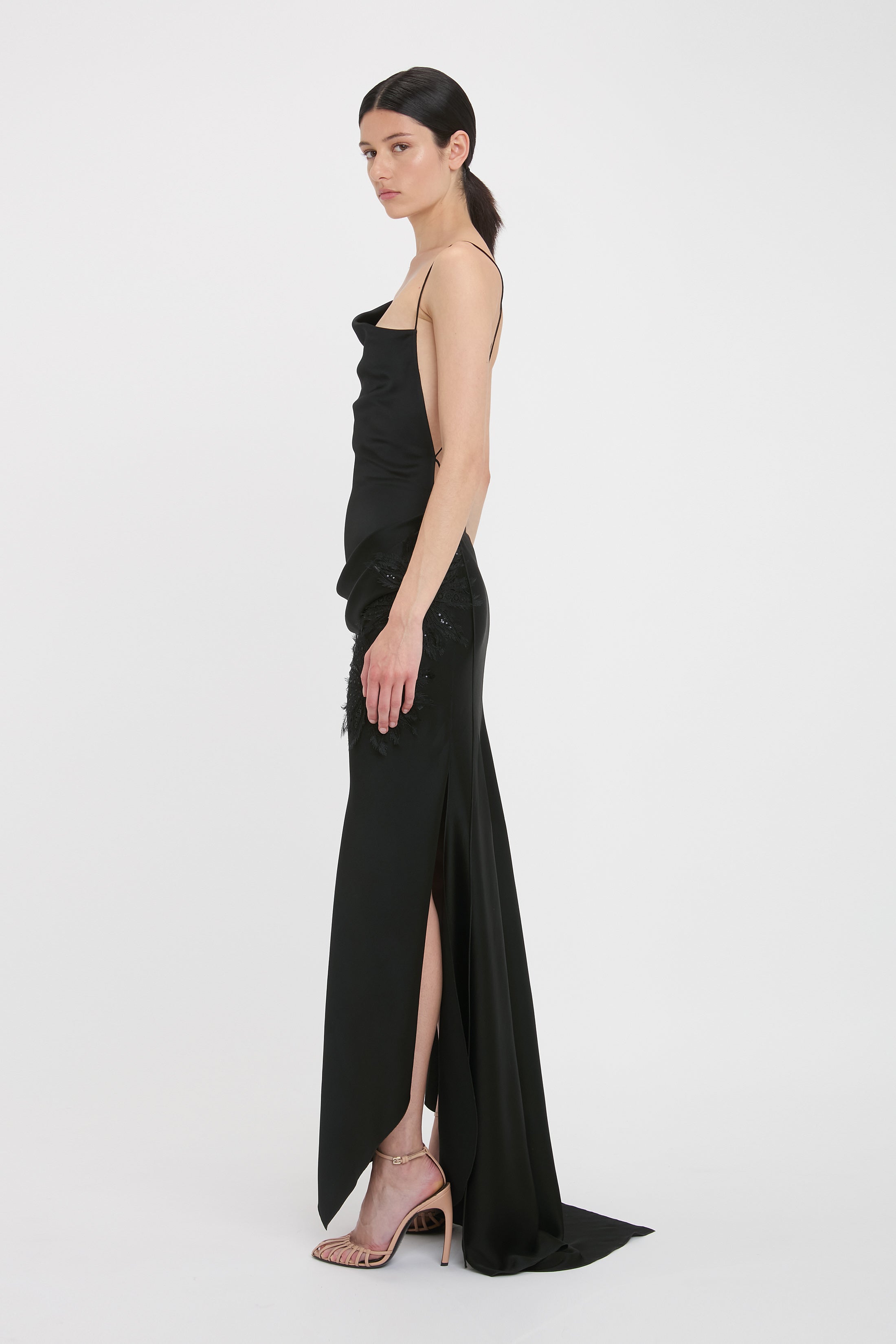 Asymmetric Draped Cami Gown In Black