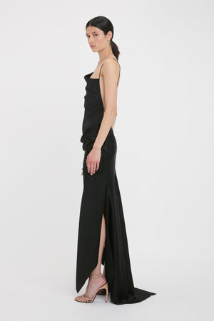 Asymmetric Draped Cami Gown In Black