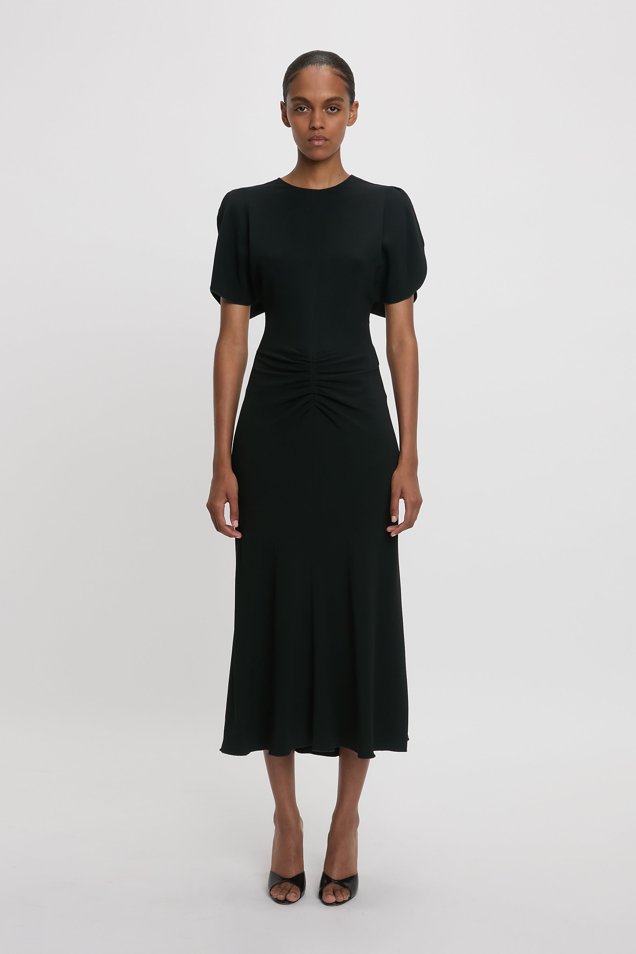 Gathered Waist Midi Dress In Black