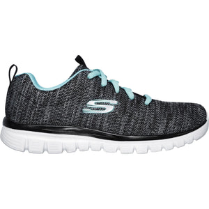 Women's Wide Fit Skechers 12614 Graceful Twisted Fortune Trainers - Black/Turquoise