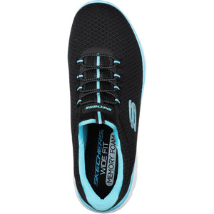 Women's Wide Fit Skechers 12980 Summits Slip On Sports Trainers - Black/Turquoise