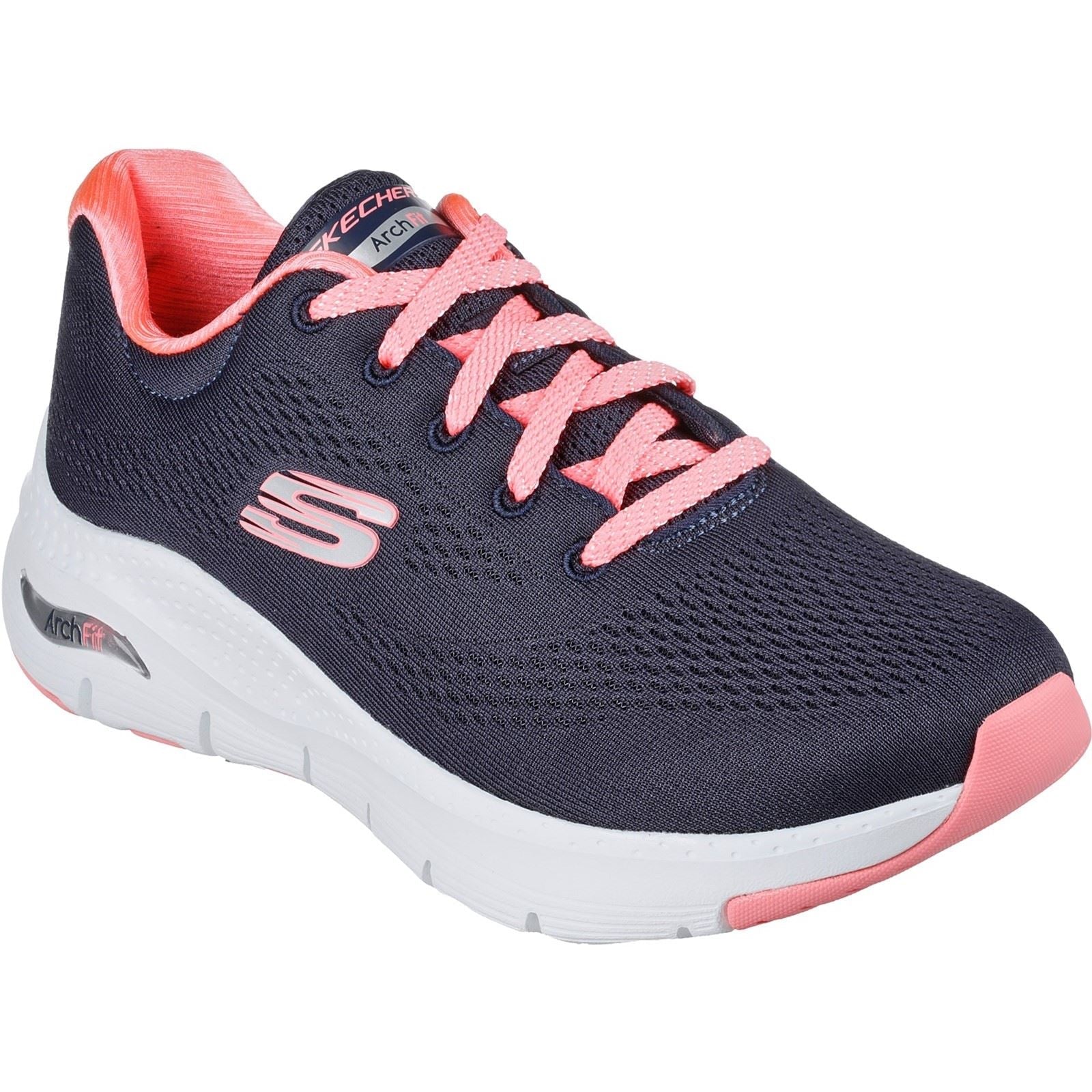 Women's Wide Fit Skechers 149057 Unny Outlook Sports Trainers - Navy Mesh/Coral