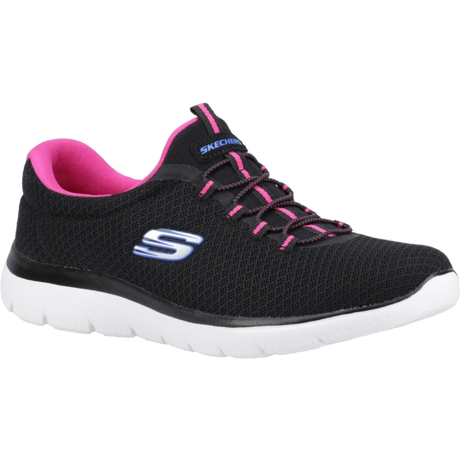 Women's Wide Fit Skechers 12980 Summits Slip On Sports Trainers - Black/Hot Pink