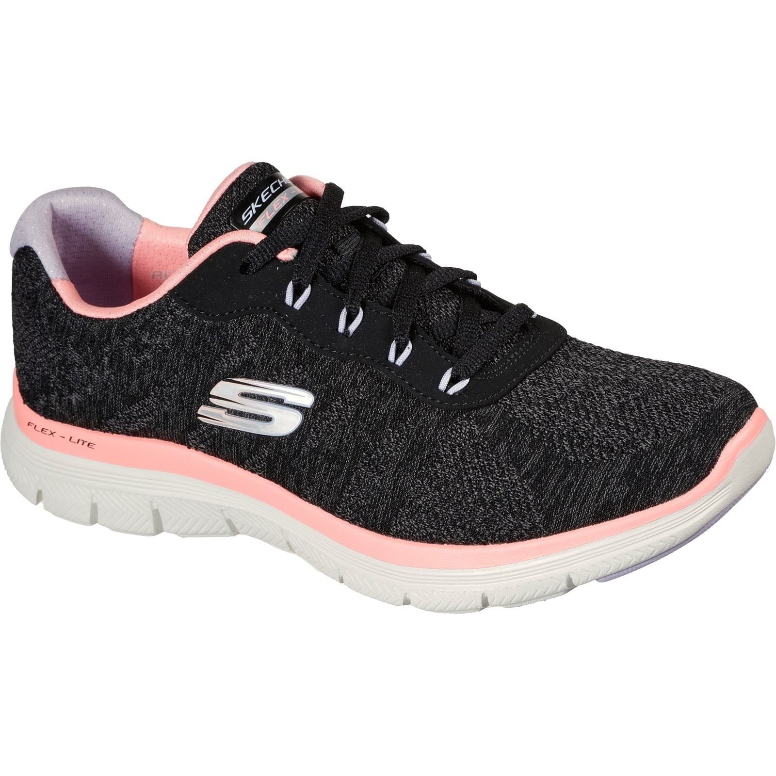 Women's Wide Fit Skechers 149570 Flex Appeal 4.0 Fresh Move Trainers - Black/Coral