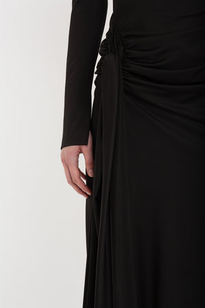 High Neck Asymmetric Draped Dress In Black