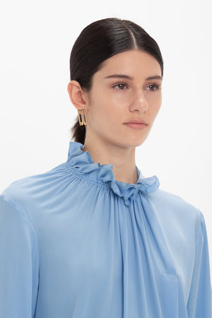 Exclusive Ruffle Neck Blouse In Cornflower Blue