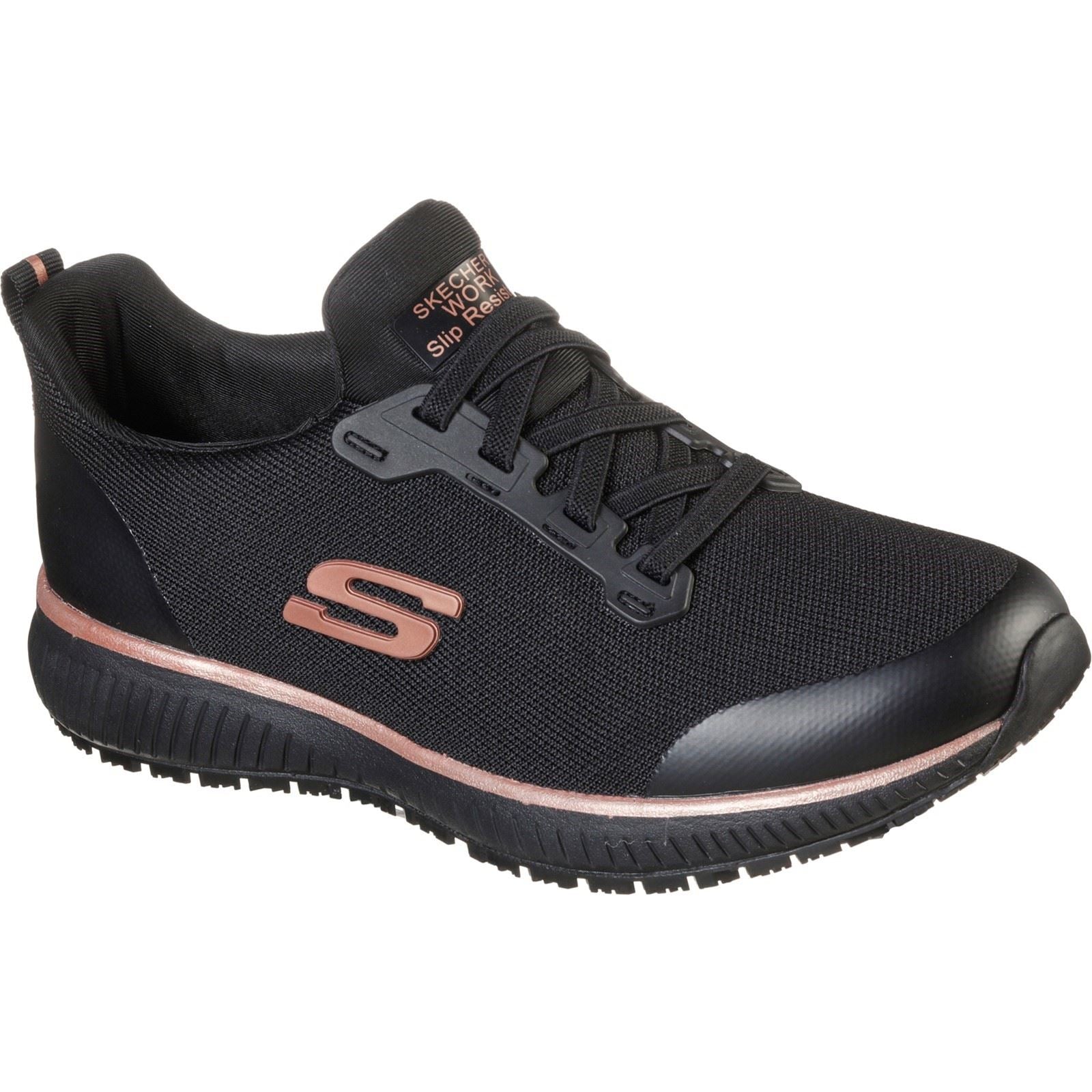 Women's Wide Fit Skechers 77222EC Squad SR Occupational Trainers - Black/Rose Gold