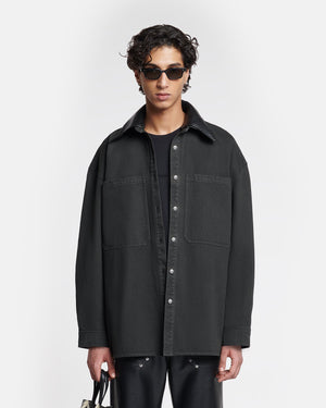 Beaux - Leather-Trimmed Denim Shirt - Anthracite