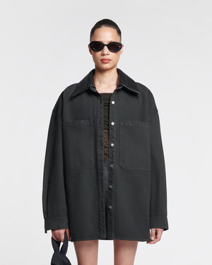 Beaux - Leather-Trimmed Denim Shirt - Anthracite