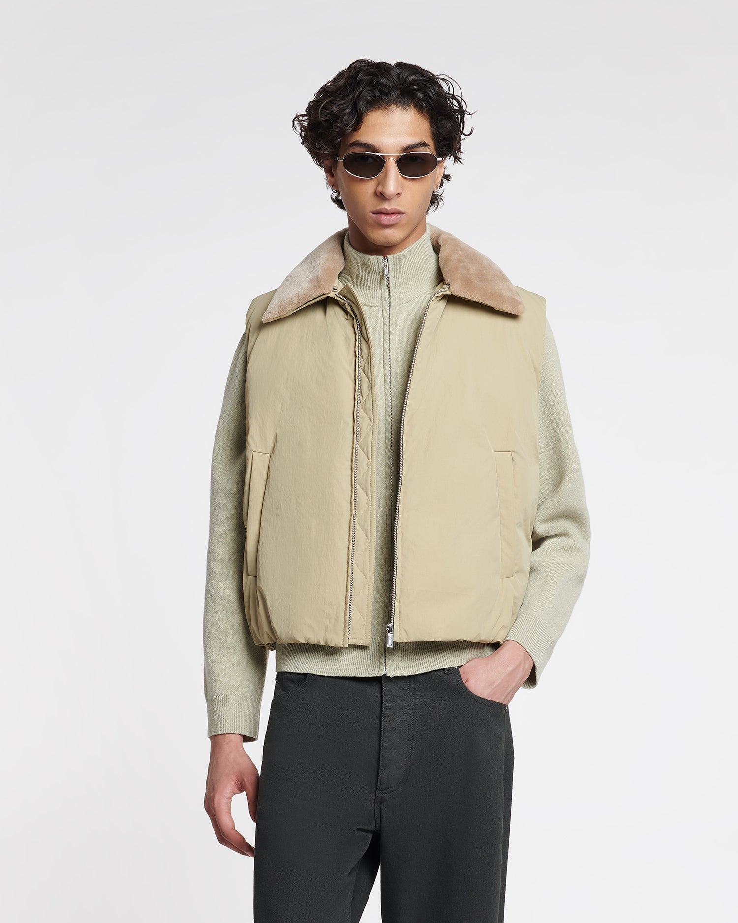 Mexim - Faux Fur and Tech Nylon Vest - Sage/ Beige