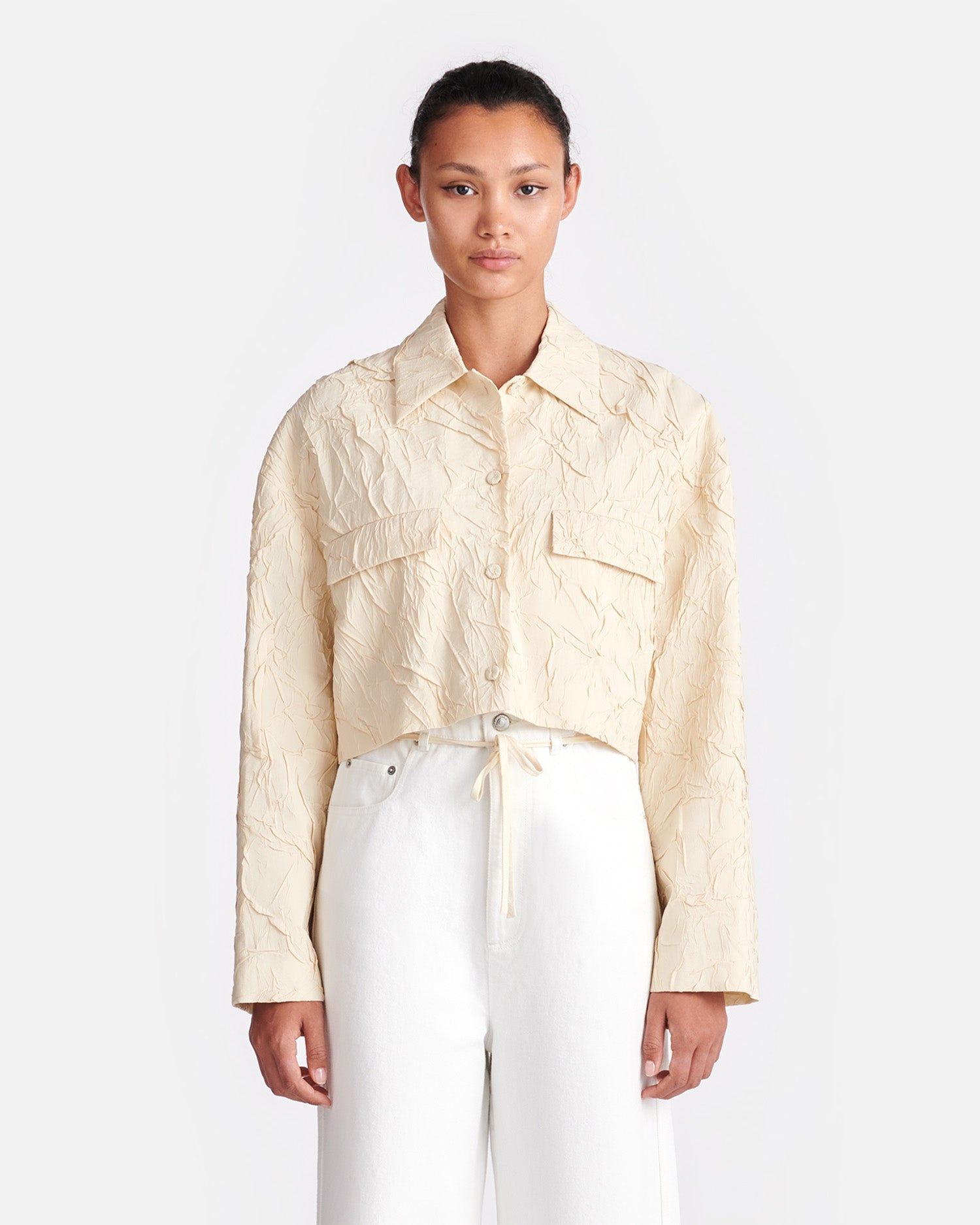 Coreen - Cropped Sculpted Glass Poplin Shirt - Oat